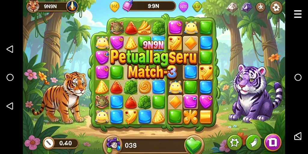 Screenshot menampilkan gameplay seru dari 9N9N dengan kombinasi warna-warni.