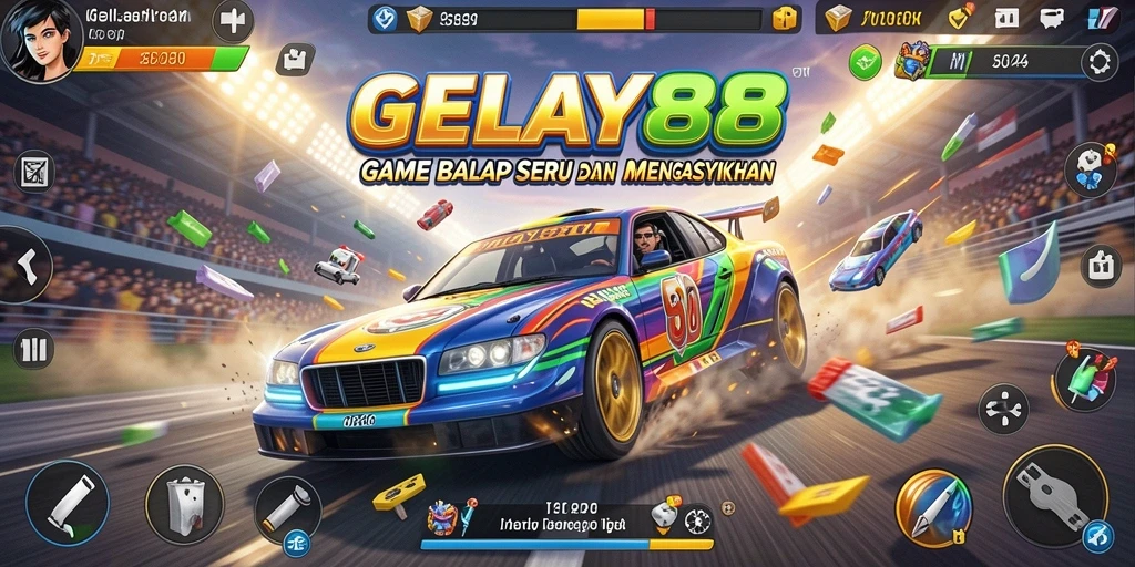 Screenshot menunjukkan adegan balapan yang mendebarkan di GELAY88.