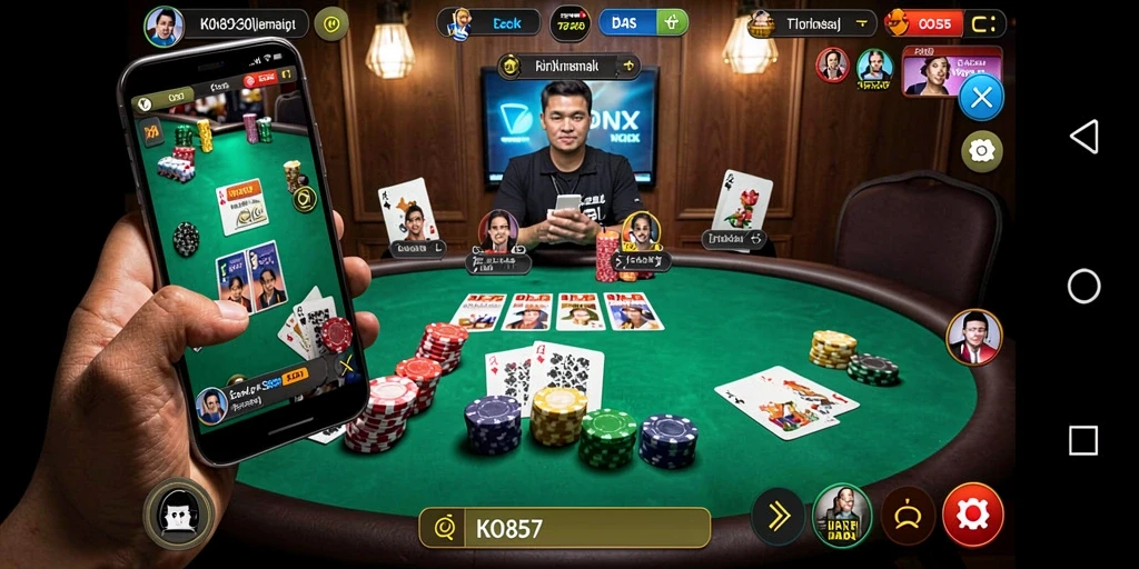 Screenshot gameplay KO857 yang menarik dengan kartu dan meja Poker.