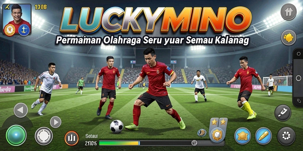 Screen shot LUCKYMINO menampilkan aksi pertandingan olahraga yang seru.