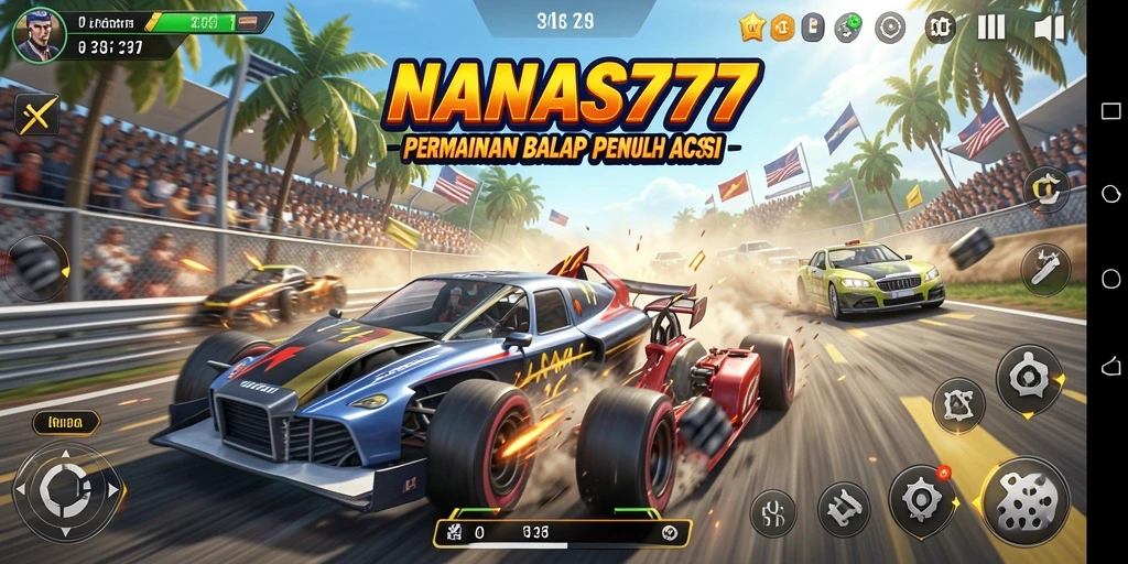 Gameplay adrenaline NANAS777 dengan balapan seru dan kendaraan cepat.
