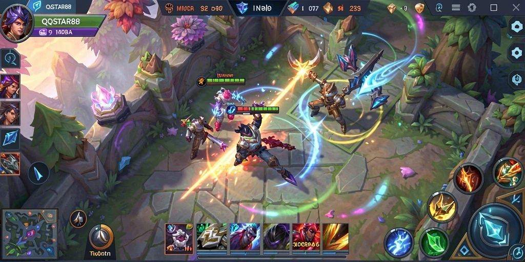 Screenshot gameplay <strong>QQSTAR88</strong> menampilkan karakter yang sedang bertarung di arena MOBA.