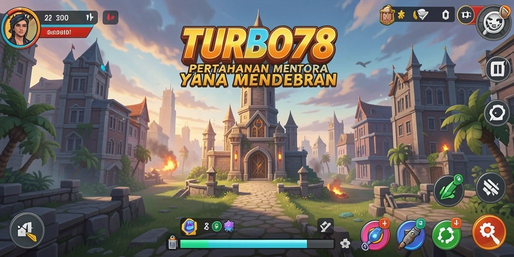 Screenshot utama menunjukkan pertahanan menara yang intens dan strategi gameplay.