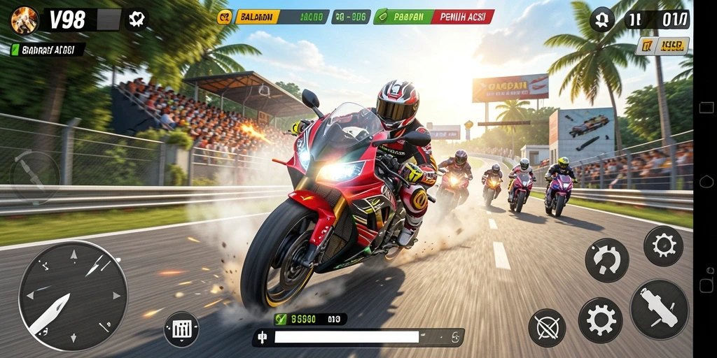Screenshot V98 menampilkan balapan motor yang mendebarkan di lintasan.